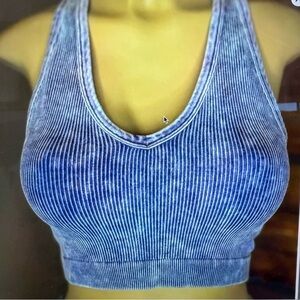 Zenana Bombshell v-neck racer-back Brami cropped Ribbed tank top - blueberry